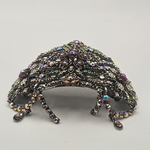 Vtg Metal Hair Barrette Clip Ornate Floral Colorful Rhinestones Artist Signed main image 8